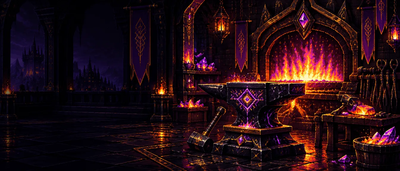 An obsidian anvil and a violet forge fire
