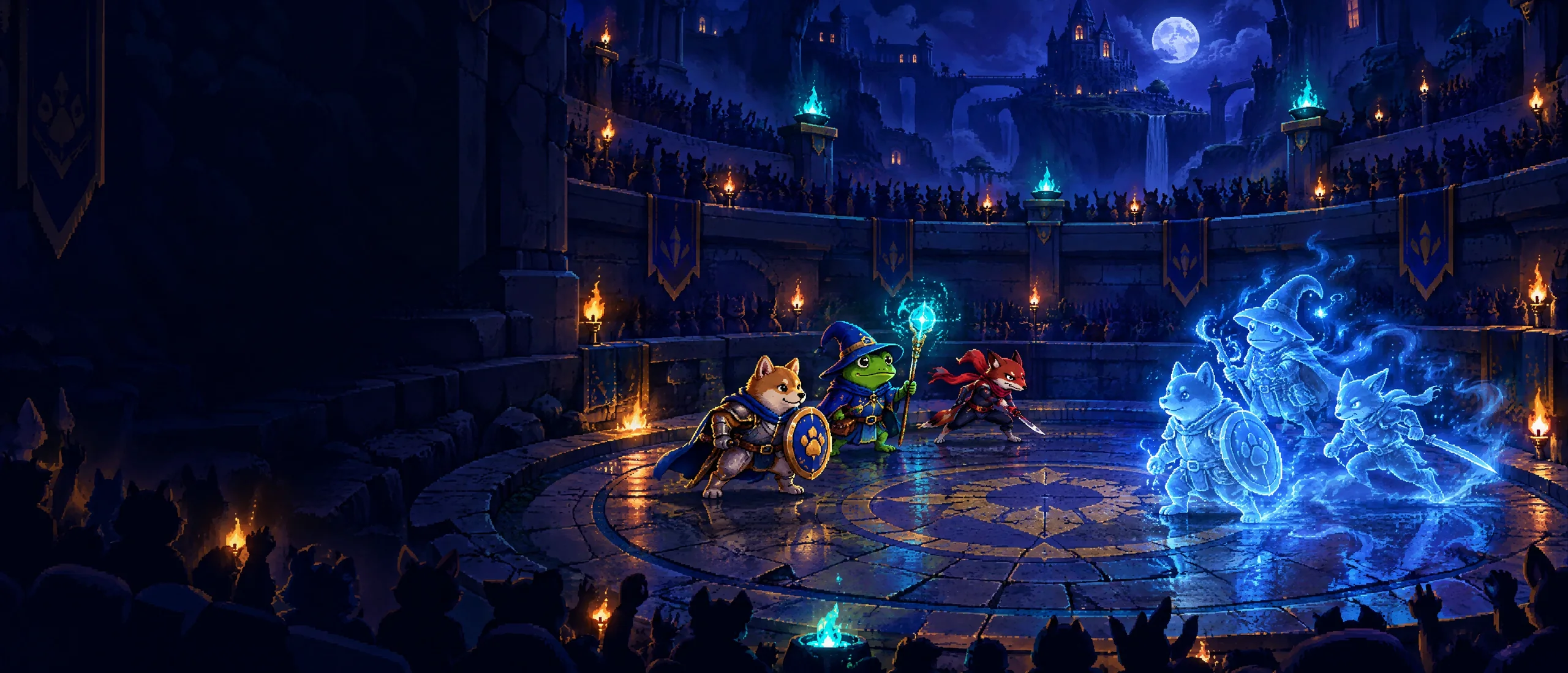 Champions facing a ghost squad in a dark arena