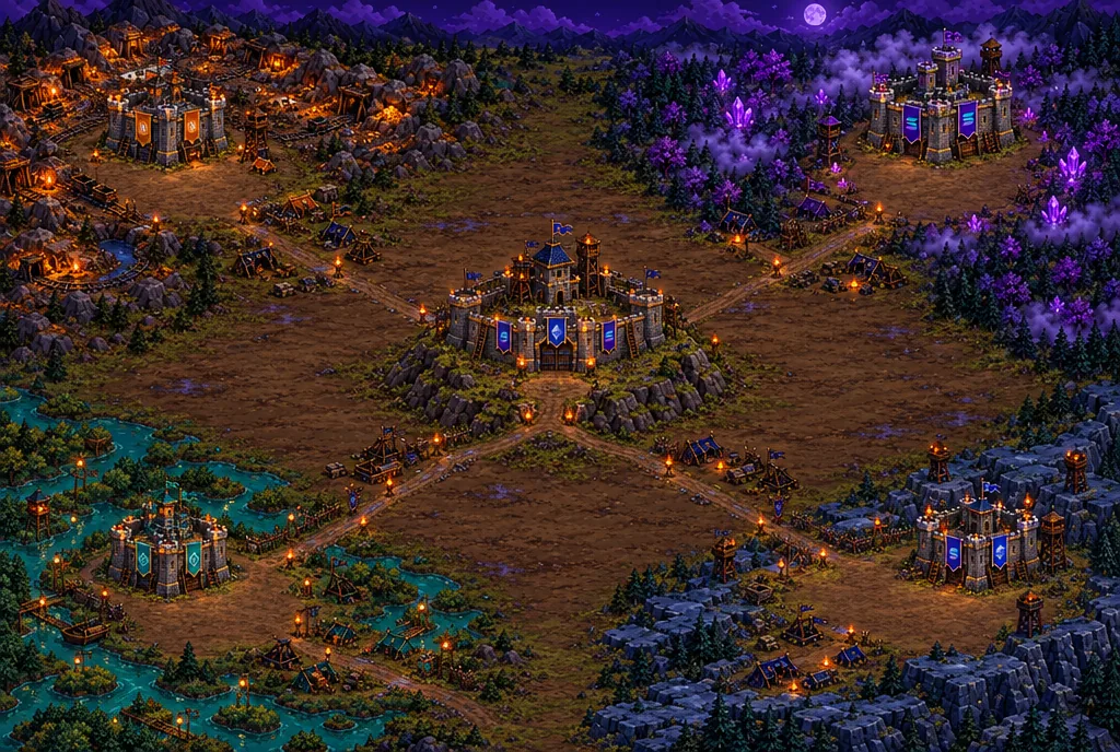 The siege battlefield: four Keeps around the Citadel at night