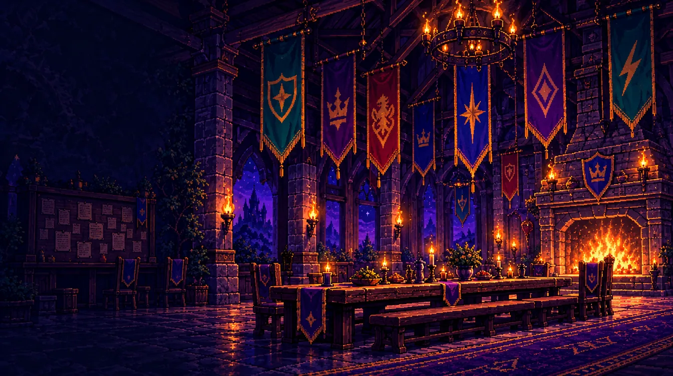 Inside the Guild Lodge, with banners and a fireplace