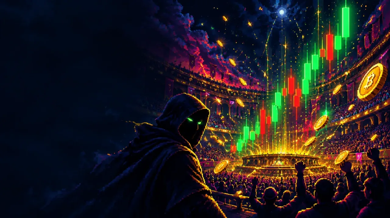 A hooded Anon facing a giant candle chart in an arena