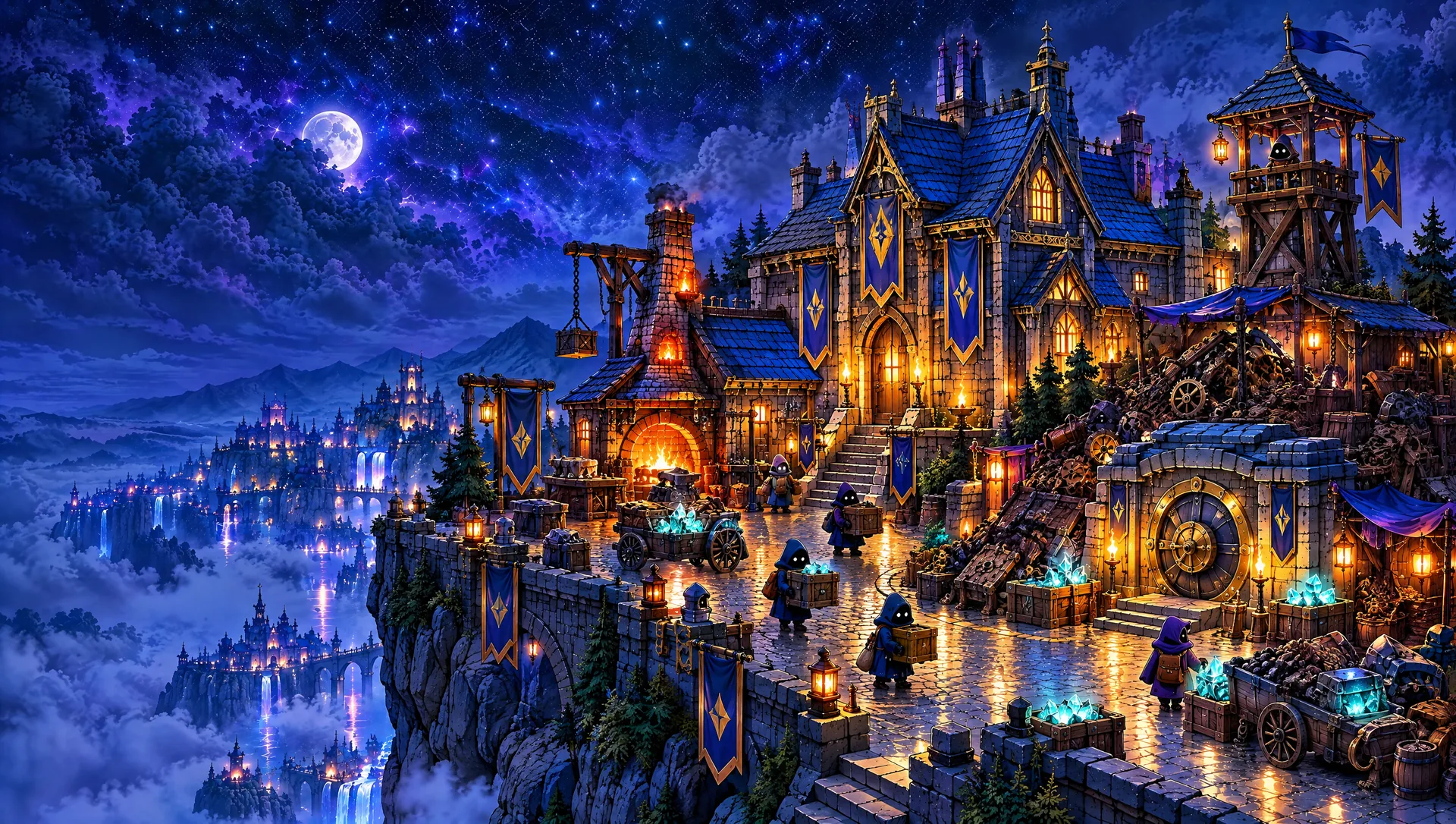A cliff-top Stronghold at night with glowing buildings