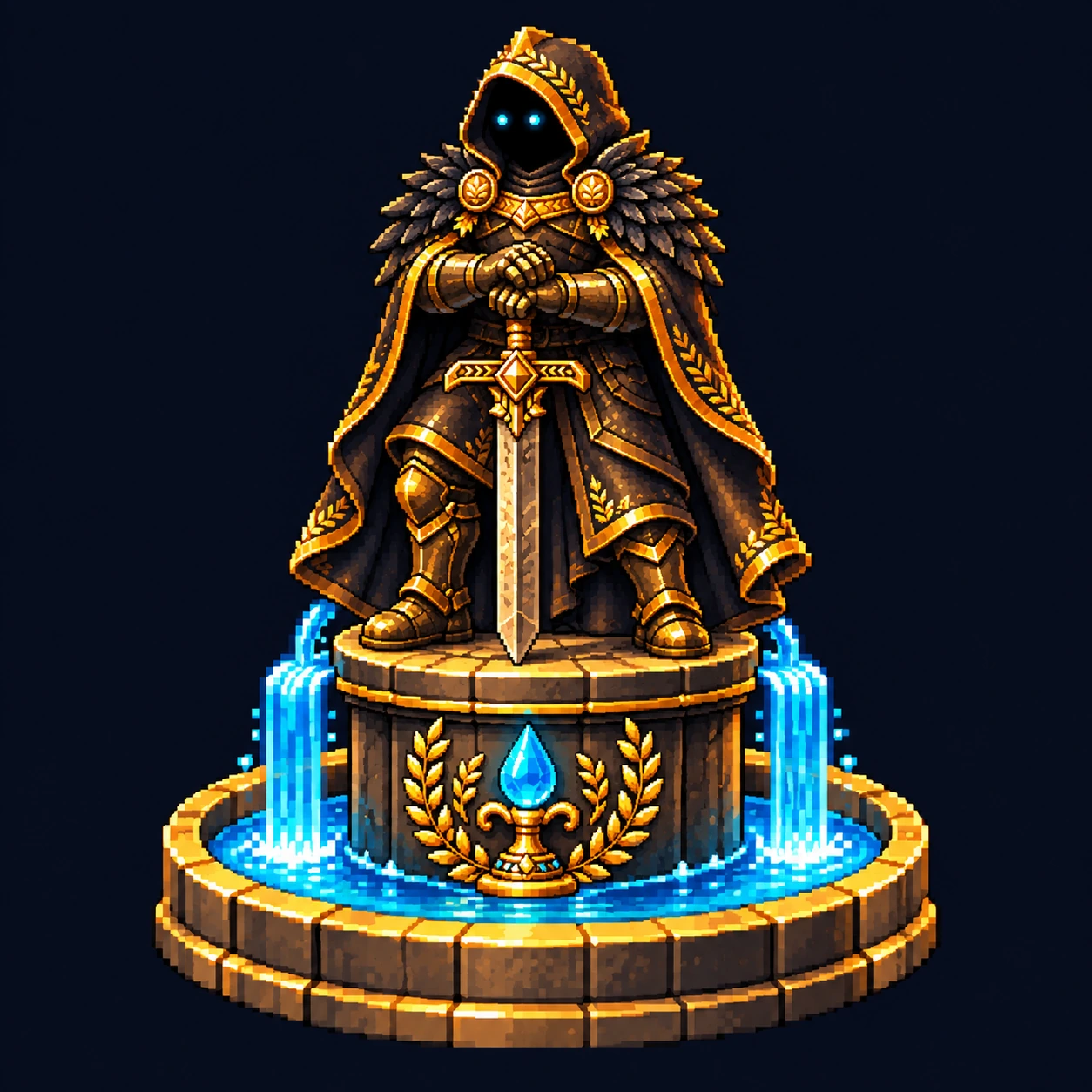 The Genesis Fountain: a gold hooded Anon statue