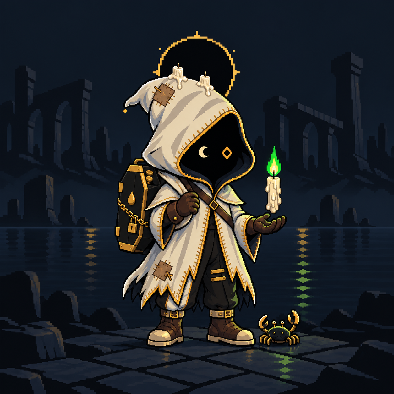 The Candle Lit Master Genesis Anon, a hooded pixel character in an ivory cloak with a floating green candle, a black and gold pack, and a crab companion beside moonlit ruins