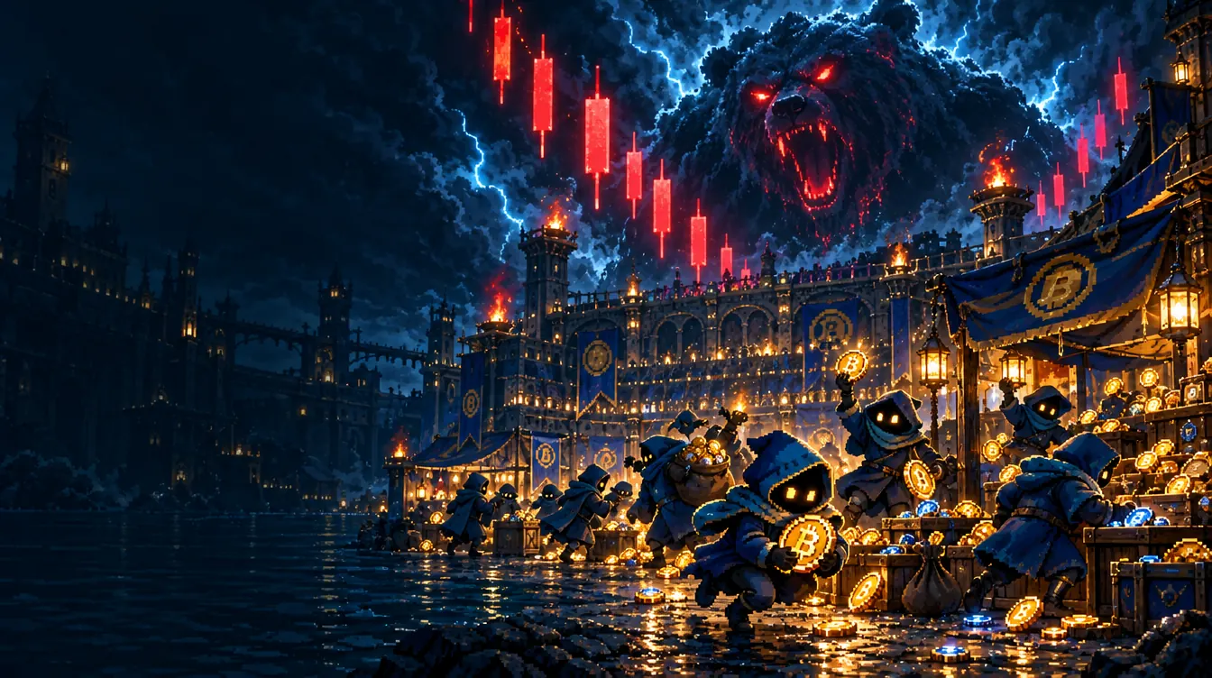 Hooded Anons grabbing discounted loot under red candles